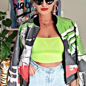 Handmade Art Wear Jacket Green Abstract Bomber Printed from Original Painting, Unique Streetwear, Bold Graphic Coat, Unisex, Rave, Urban