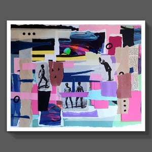 Ręcznie robiony kolorowy kolaż, nowoczesna papierowa sztuka ścienna, A3