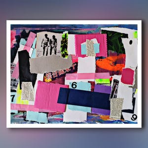 Abstrakcyjny kolaż ścienny, ręcznie robiony papier do techniki mieszanej, dekoracja neonowa, format A3