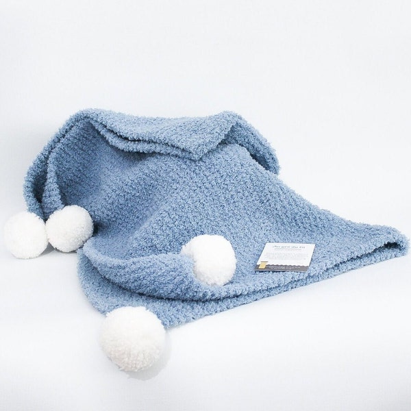 Couverture d'allaitement bébé tricotée main, laine Phildar - 4 pompons blancs