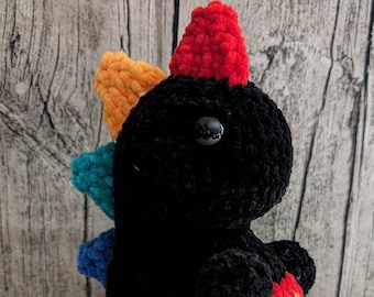 Amigurumi Dino Schwarz Regenbogen Plush gehäkeltes Kuscheltier, süßer Dinosaurier T-Rex