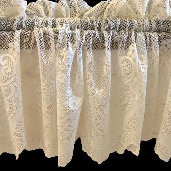 Vintage lace ivory floral embroidery window valance set of 2 , rod pocket, scallops curtain, USA , roses lace drape 57” x 16”/1.5” rod