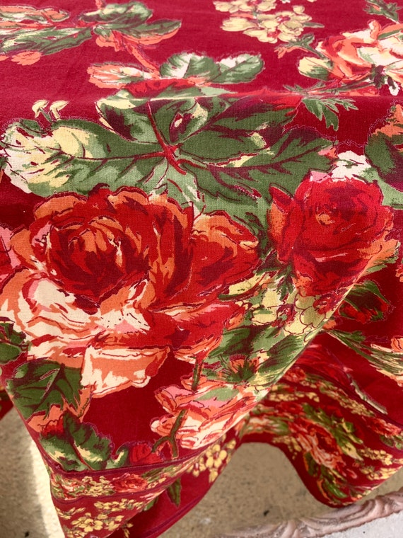 Vintage April Cornell Cottage Roses Red Tablecloth Floral Etsy