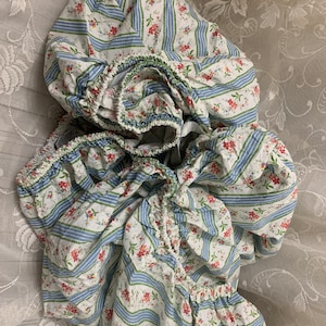 Vintage 1980s Ralph Lauren Rosalie tiny floral blue pink  and ticking stripes twin fitted sheet, Ralph Lauren bedding