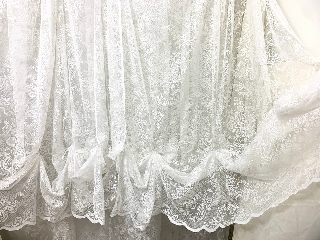 Vintage French Country White Lace Ballon Shade Curtain Set of 2