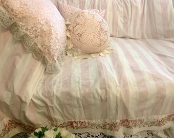 Vintage Laura Ashley Roses Twin Flat Sheet, Pink Stripes, USA Made