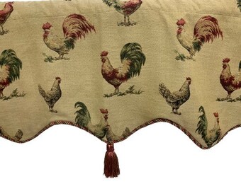 French country roosters valance Black and white checkered bottom. French country roosters valance Black and white checkered bottom.