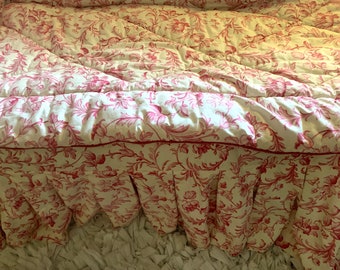 Vintage Laura Ashley 1980s Ironwork scrolls cranberry twin bed skirt , pink ivory , Laura Ashley bedding, pink cream bed linens, bed skirt