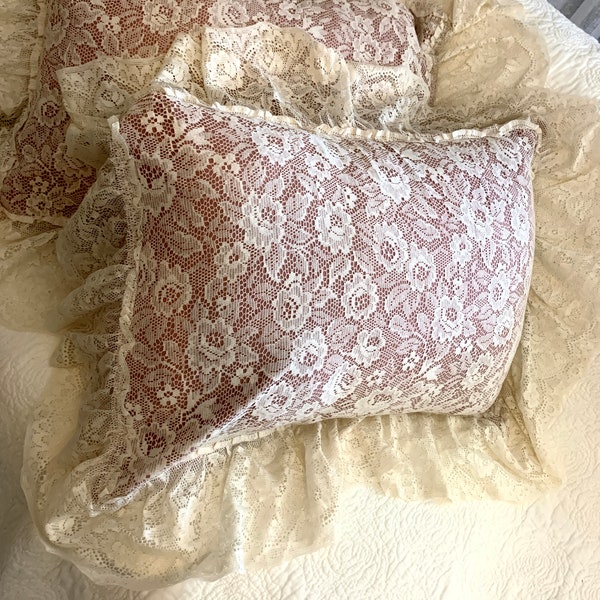 Vintage ruffles lace pillowsham pair , pink ivory ,  floral embroidery , country shabby chic bed linen , farm bedding, set of 2 sham