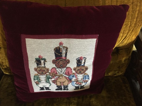 Needlepoint Throw Pillow Tapestry Velvet Embroidery 3 Teddy Etsy