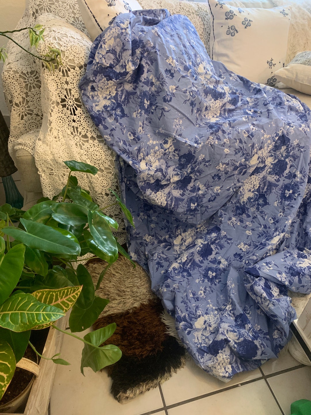 Vintage 80s Ralph Lauren Isadora Delft Blue Floral Cotton Twin Fitted