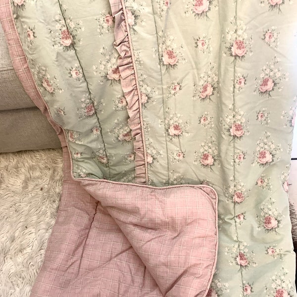 Vintage Laura Ashley Rosemoor twin comforter, ruffles, mint green , pink cottage core pink roses, french country bedding , Laura Ashley bed