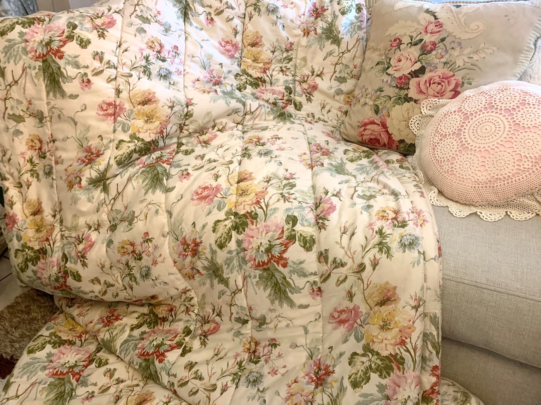 Vintage 1980s, Ralph Lauren Wentworth Floral Multi Sateen Tan Pink King