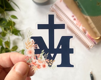 Miraculous Medal Symbol || Vinyl Sticker, Weatherproof & Dishwasher Safe ||  Marian Cross with watercolor flowers