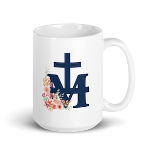 Marian Symbol, Miraculous Medal,with watercolor flowers - Coffee or Tea Mug