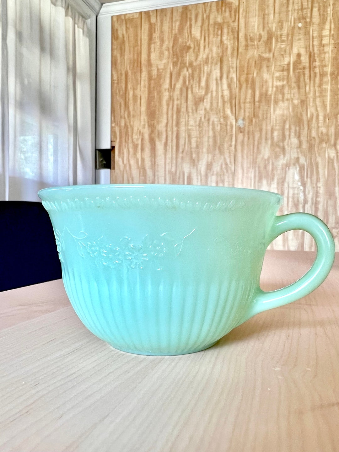 Vintage Fire King Jadeite Tea Cup in ALICE Pattern, Floral and Ridges