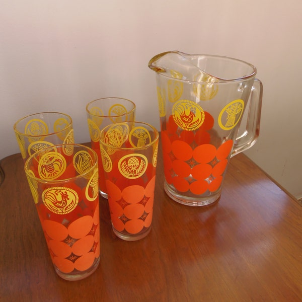 Retro Vintage Tumblers, 1960s or 1970s Orange Polka Dot Glasses, Yellow Circles with Rooster, Pineapple, Wheat, Bird, Acorn