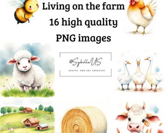 Clipart ze zwierzętami gospodarskimi: akwarelowa świnia, owca, koń, pszczoła (PNG do pobrania natychmiast)