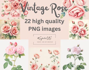 Zestaw clipartów z różami w stylu vintage: 22 akwarelowe obrazy kwiatowe w formacie PNG (do pobrania w wersji cyfrowej)