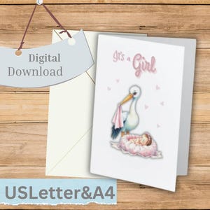 Tarjeta "Es una niña" / Tarjeta de felicitación de cumpleaños de bebé con cigüeña / Descarga instantánea