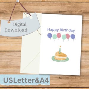 Geburtstagskarte mit Kuchen, Kerze und Luftballons / Grußkarte zum Ausdrucken von Crafts and Art Creation