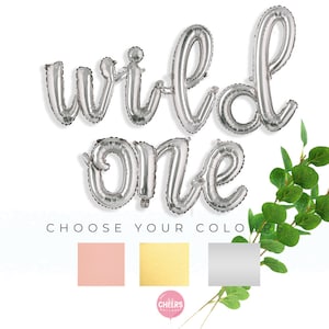 Könnte beinhalten: Silberne Folienballons, die "wild one" buchstabieren, mit der Wahl zwischen rosa, goldenen oder silbernen Ballons.