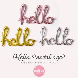 May include: Four foil balloons spelling out "hello" in pink, gold, and silver. The balloons are arranged in two rows of two. The text "Hello <insert age> HELLO BEAUTIFUL!" is below the balloons. The logo for Cheers Balloons is below the text.