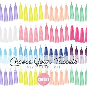 Può includere: Kit fai-da-te per la creazione di frange con una varietà di colori, tra cui viola, giallo, pesca, verde menta, bianco, rosa, blu e blu navy. Il testo "Choose Your Tassels" e "DIY Tassel Kit" è visualizzato nell'immagine. L'immagine include anche un logo per Cheers Balloons.