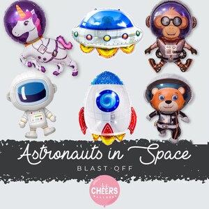 Animal Astronauts in Space - Over the Moon, Stars and Sun, Rocket ship, Blastoff, Unicorn, Monkey, Bear, UFO, NASA