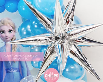 Large DIY 39" Silver/Blue/Silver Exploding Magic 12 Point Star Balloon - Snowflakes - Hanging Ceiling Balloon, Decoration, Frozen, Party