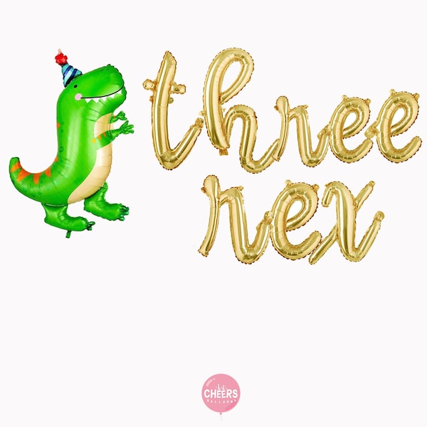 Three Rex Gold Script Letter Balloons | Cursive, Third Birthday, T-REX, Dinosaur Birthday, 3rd Birthday, Happy Birthday, RAWR, Dino Mite