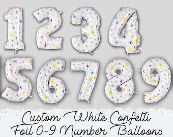 Custom white Confetti Foil 0-9 number balloons | 40", birthday, girls birthday