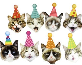 May include: Eight cat faces wearing colorful party hats. The cats have different expressions, some are smiling, some are grumpy, and some are surprised. The hats are all different colors and patterns.