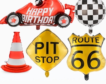 Globos para fiesta de autos de carrera // Elija un globo individual o un juego completo, parada en boxes, Ruta 66, auto rojo, cono de tráfico, decoración con temática de carreras