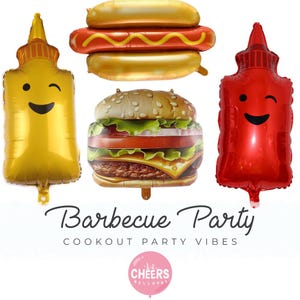 Könnte beinhalten: Ein Set aus vier Folienballons in Form eines Hamburgers, Hotdogs, Ketchupflaschen und Senfflaschen. Die Ballons sind gelb, rot und braun und haben Smiley-Gesichter. Die Ballons sind für eine Grillparty.