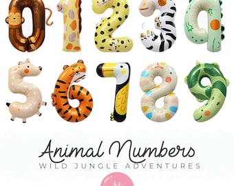 May include: A set of ten animal-shaped balloons, each representing a number from 0 to 9. The balloons are colorful and feature various animal designs, including a monkey, giraffe, leopard, zebra, dinosaur, tiger, toucan, snake, and crocodile. The balloons are arranged in a row, with the number 0 on the left and the number 9 on the right. The text "Animal Numbers Wild Jungle Adventures" is displayed below the balloons, along with the logo "Cheers Balloons".