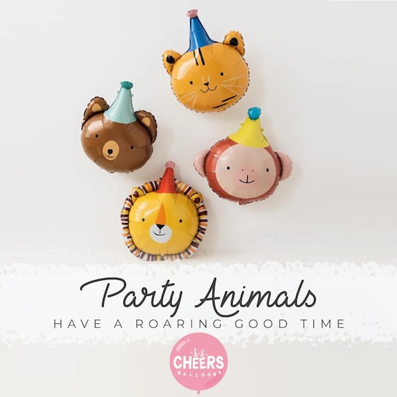 Party Hat Animal Balloons || Monkey, Tiger, Bear, Lion, Jungle Party Decor, Birthday Balloons, Kids Celebration, Safari Theme, Party Hats