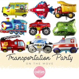 Set de globos para fiestas de vehículos: autobús escolar, cohete, camión de bomberos, tren, camión volquete, tanque del ejército y transporte