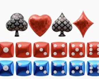 May include: A set of four red dice and four blue dice with white dots, along with four playing card suit symbols: a black club, a red heart, a black spade, and a red diamond.