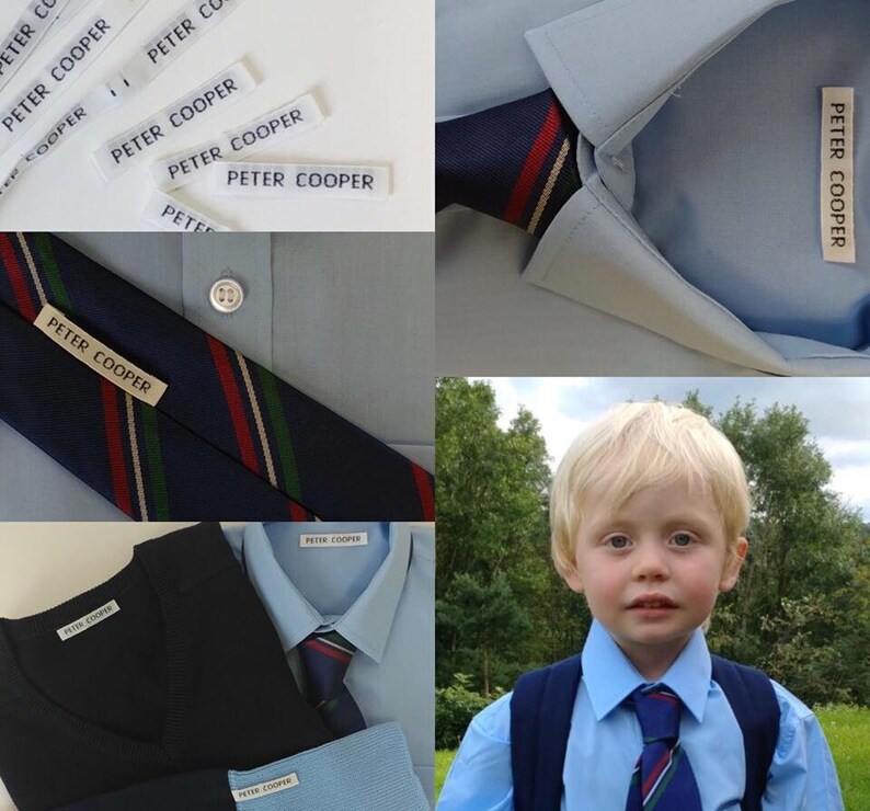 May include: A blue and white striped tie with red and green accents. The tie has a label that reads "Peter Cooper". There are several other labels with the same text in the image. The image also shows a blue shirt with a white collar and a boy wearing a blue shirt with a similar tie.