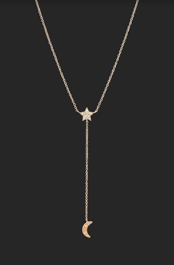 Moon Star Lariat, Rose Gold Necklace, Moon and Star Necklace