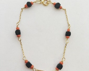 Pulsera de azabache y coral para niño, oro amarillo de 14k Pulsera de azabache para bebé, Pulsera de Azabache Genuino de 14k
