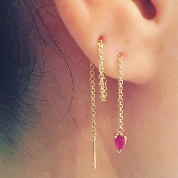 14k yellow gold ruby threader earring, Gold Earchain, Ruby Earring,  threader earring