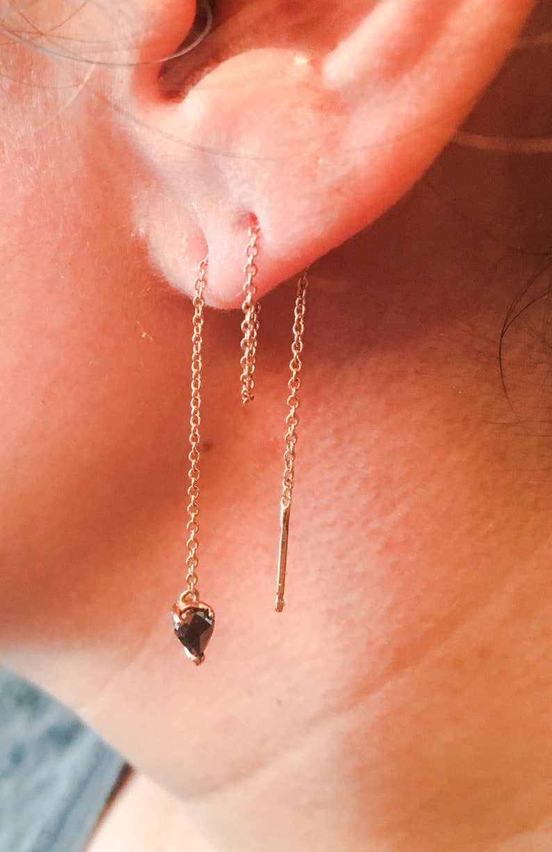 14k Rose Gold Black Diamond Threader Earring Gold Earchain Etsy