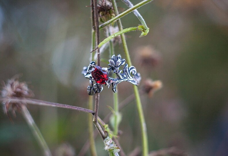 Garnet Delicate Garnet Ring Wedding Ring, Engagement Garnet Ring Sterling Silver Natural Ruby Garnet Ring Rhiannon Flower Ring