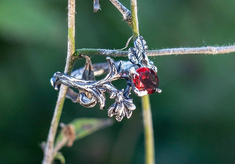 Garnet Delicate Garnet Ring Wedding Ring, Engagement Garnet Ring Sterling Silver Natural Ruby Garnet Ring Rhiannon Flower Ring