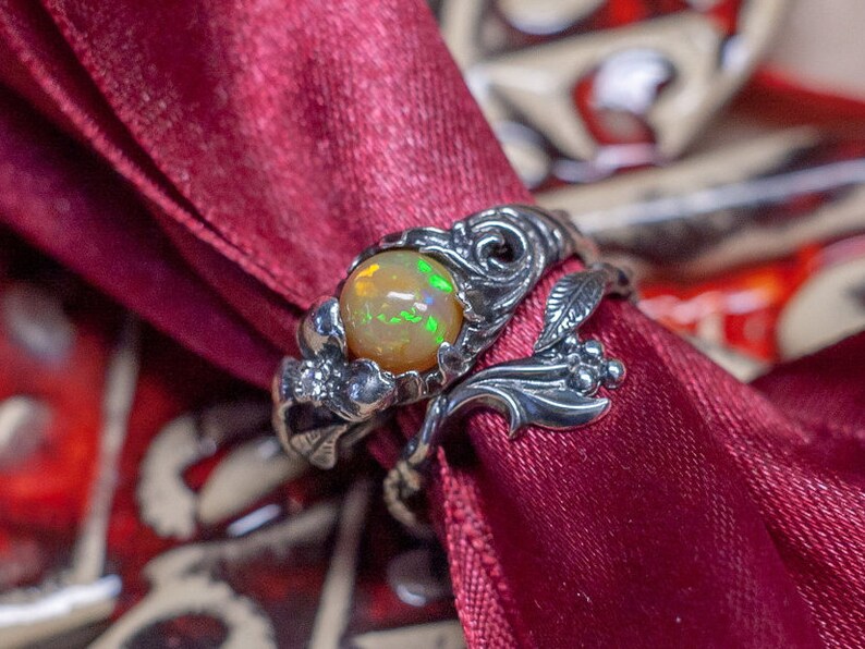 Twig Bridal Set Engagement Diamond Ring Fire Opal Sterling Silver Set Rings AKEMI Twig Opal Diamond Rings Silver Opal Band