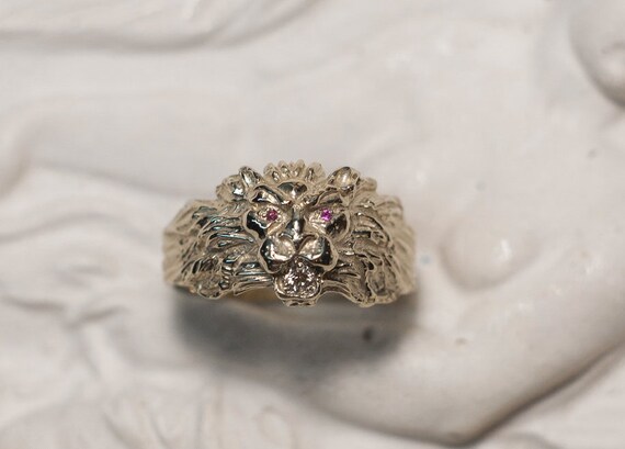 Mens Lion Ruby Diamond White Gold Ring Maahes Etsy