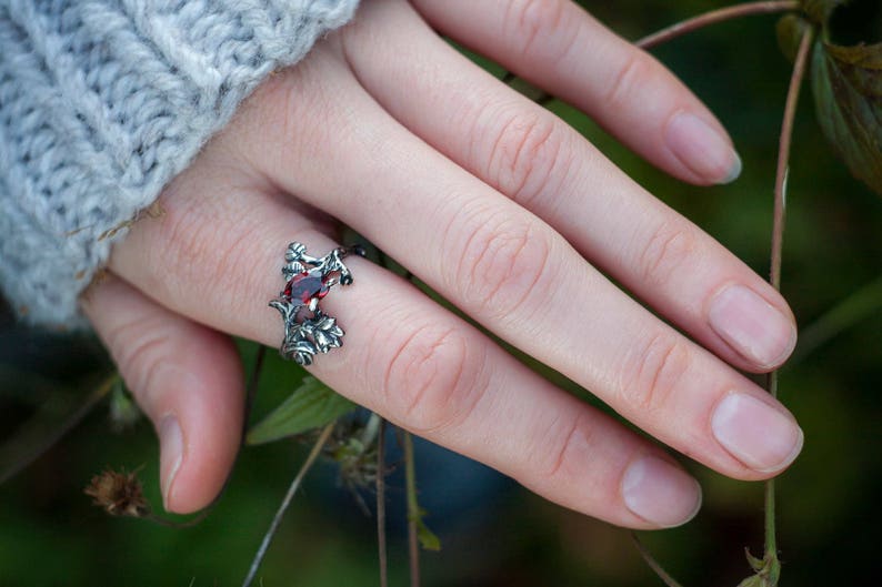 Garnet Delicate Garnet Ring Wedding Ring, Engagement Garnet Ring Sterling Silver Natural Ruby Garnet Ring Rhiannon Flower Ring