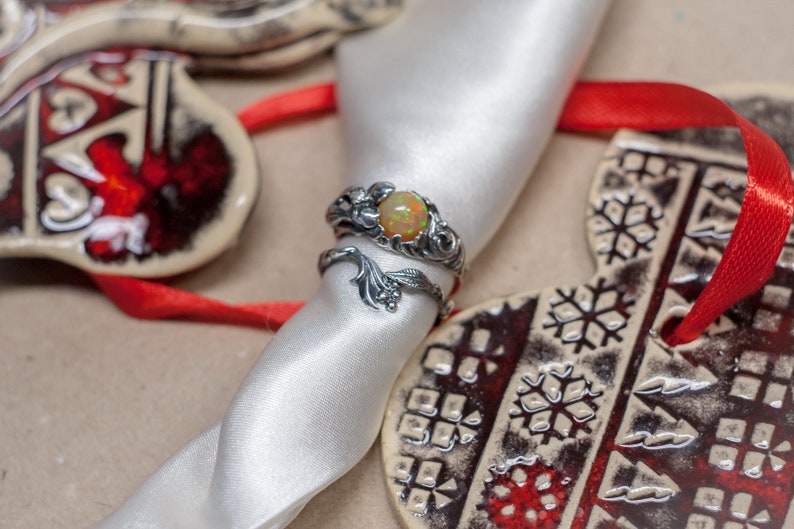 Twig Bridal Set Engagement Diamond Ring Fire Opal Sterling Silver Set Rings AKEMI Twig Opal Diamond Rings Silver Opal Band